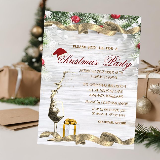 Invitación Copa de vino, árbol de pino presente  Navidad corp (Subido por el creador)