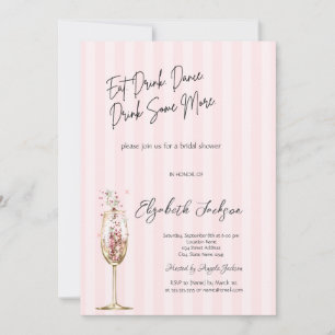 Invitación Copa de vino chic confeti rayas rosadas 