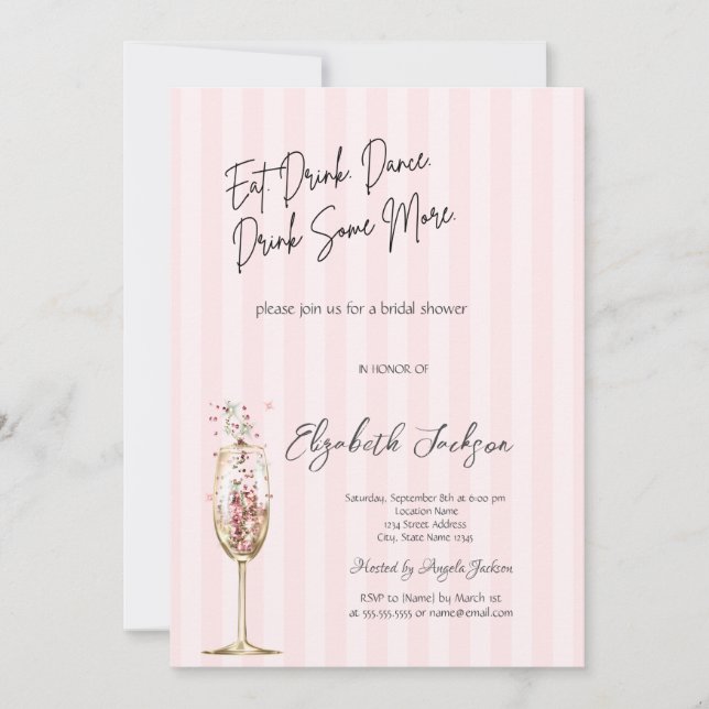 Invitación Copa de vino chic confeti rayas rosadas  (Anverso)