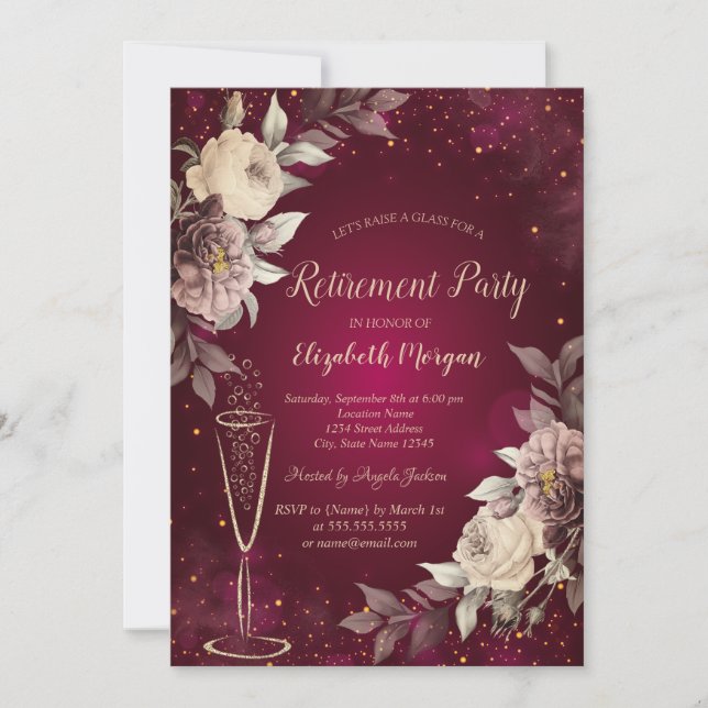 Invitación Copa de vino con confeti dorado, rosas y jubilació (Anverso)
