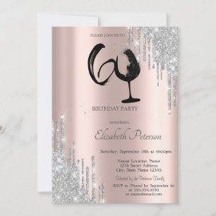 Invitación Copa de vino con gotas de purpurina plateada Rosa