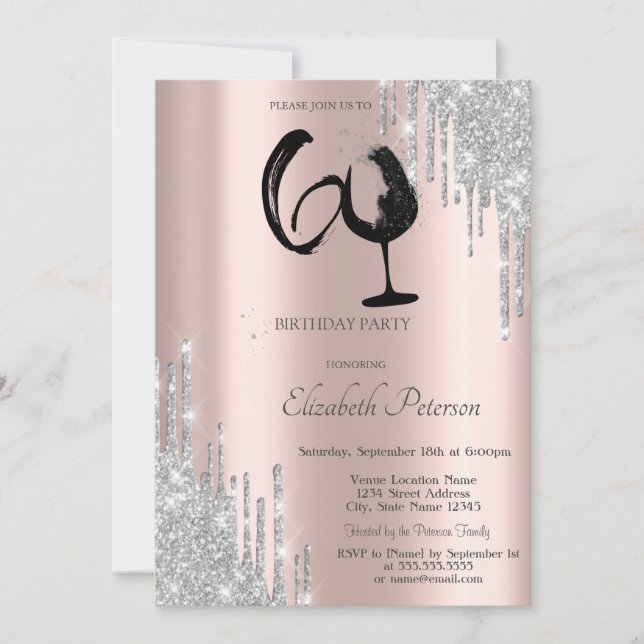 Invitación Copa de vino con gotas de purpurina plateada Rosa  (Anverso)