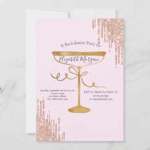 Invitación Copa de vino con gotas de purpurina rosa Despedida