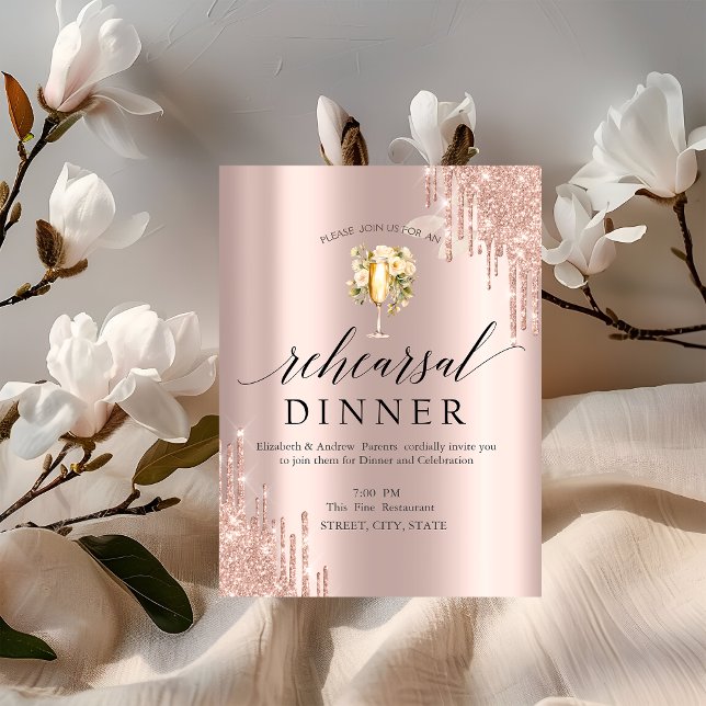 Invitación Copa de vino con gotas de purpurina y flores para  (Subido por el creador)
