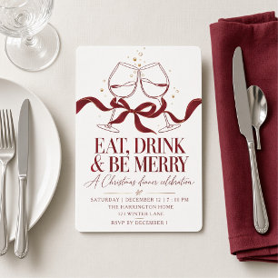 Invitación Copa de vino con lazo de Borgoña Cena de Navidad