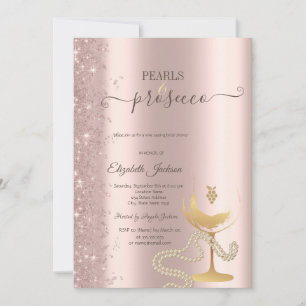 Invitación Copa de vino con perlas de brillo dorado rosa para