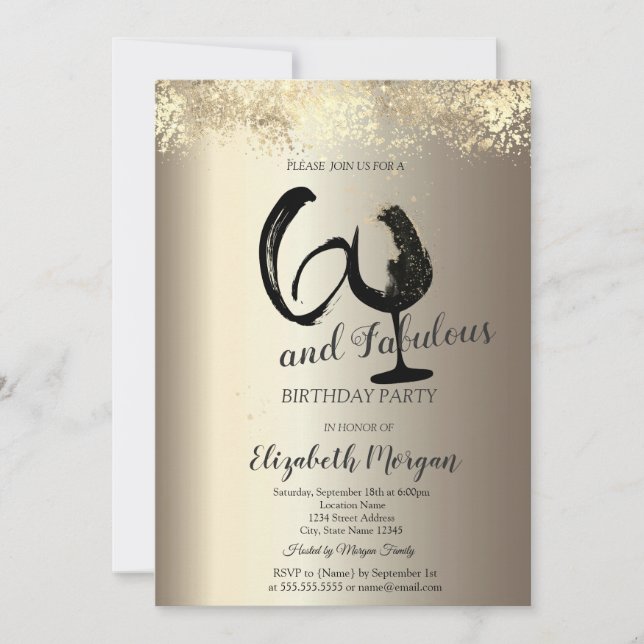 Invitación Copa de Vino Cumpleaños 60 con Confeti Dorado (Anverso)