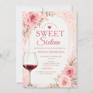 Invitación Copa de vino de cumpleaños Sweet Sixteen con flore
