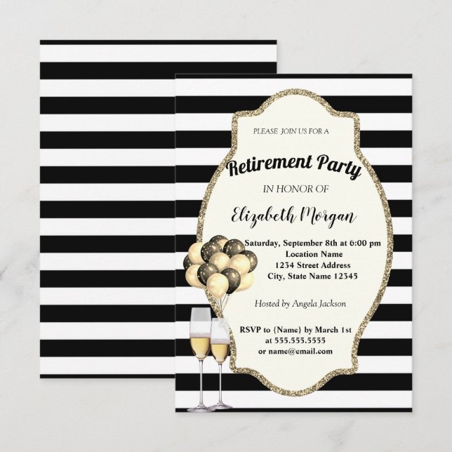 Invitación Copa de vino de rayas negras, globos, fiesta de ju (Anverso / Reverso)