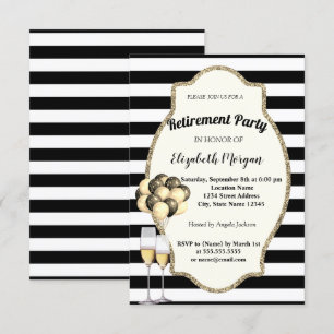 Invitación Copa de vino de rayas negras, globos, fiesta de ju