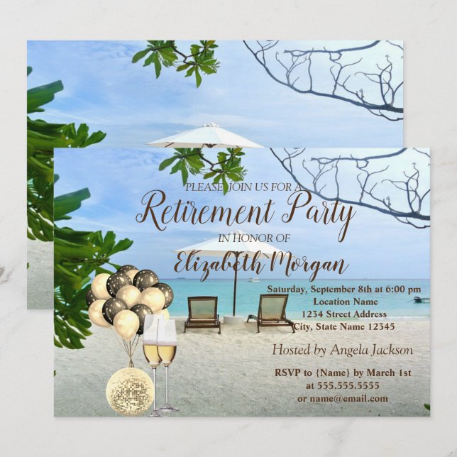 Invitación Copa de vino dorada, globos, fiesta de jubilación  (Anverso / Reverso)