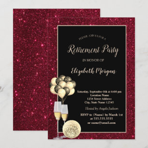 Invitación Copa de vino dorada, globos, jubilación con brillo
