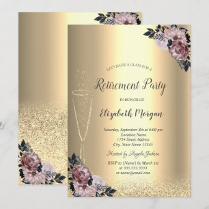 Invitación Copa de Vino Dorado Bokeh Floral Jubilación I