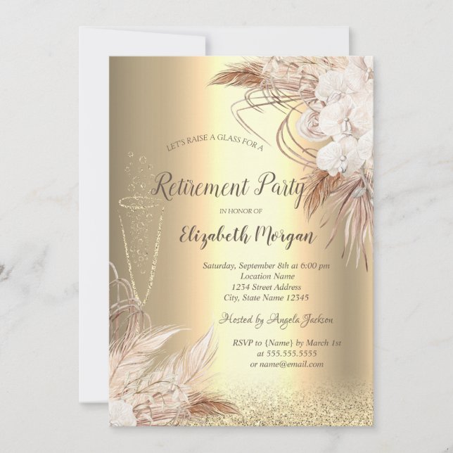 Invitación Copa de Vino Dorado Bokeh, Flores Boho Jubilación (Anverso)