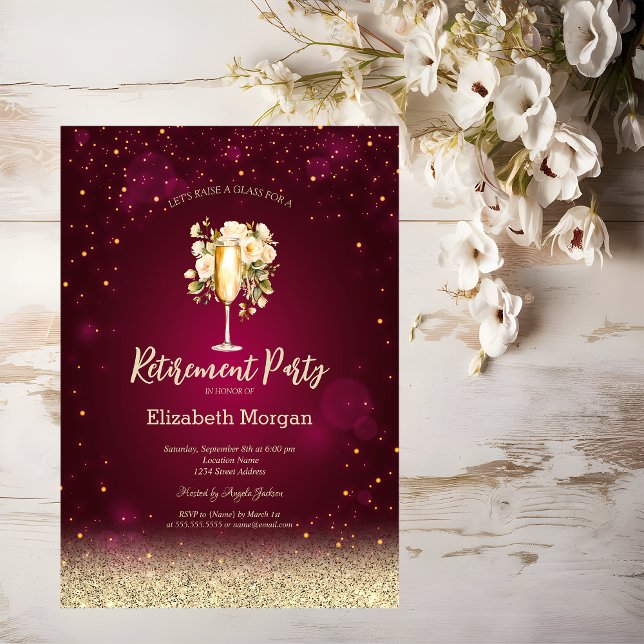 Invitación Copa de Vino Dorado Bokeh Rosas Rojas Jubilación (Subido por el creador)