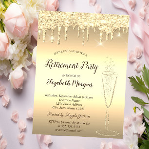 Invitación Copa de Vino Dorado Brillo Bokeh Gotitas Jubilació