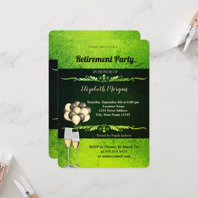 Invitación Copa de vino elegante, globos, jubilación verde (Anverso/Reverso In Situ)