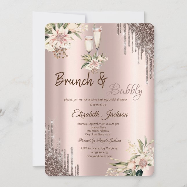 Invitación Copa de Vino Floral con Brillo Bridal Shower (Anverso)
