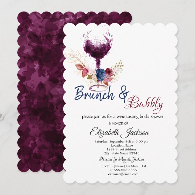 Invitación Copa de Vino, Flores Brunch y Burbujeante Despedid (Anverso / Reverso)