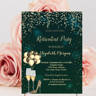 Invitación Copa de Vino,Globos,Tacones Altos Jubilación Verde