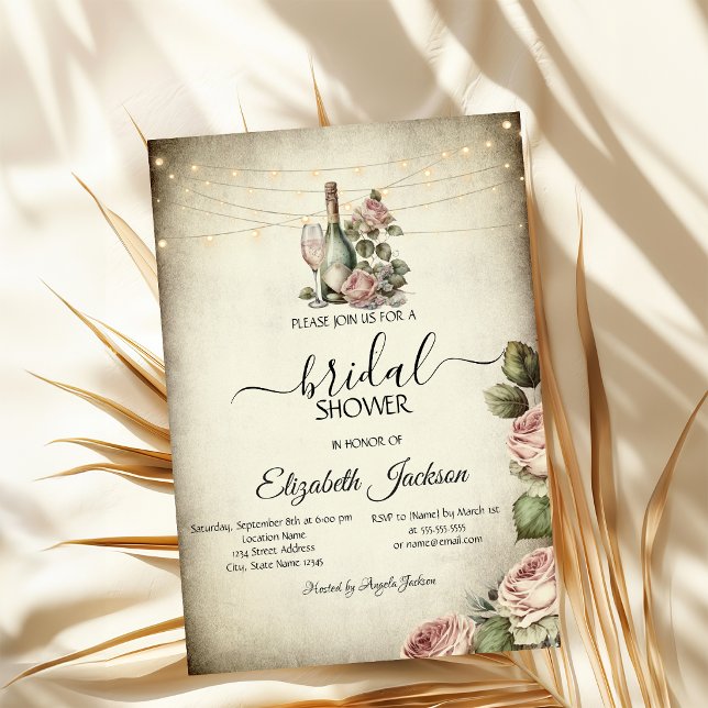 Invitación Copa de vino, luces, rosas, ducha nupcial rústica (Subido por el creador)