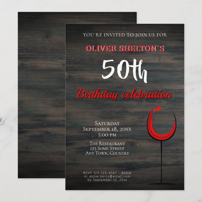 Invitación Copa de Vino Tinto de Madera Rústica Cumpleaños 50 (Anverso / Reverso)