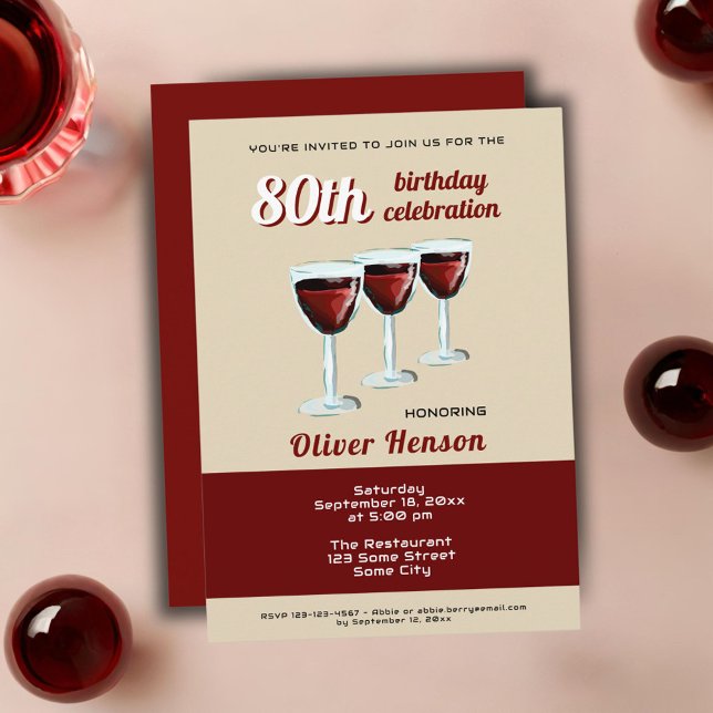 Invitación Copa de Vino Tinto Moderno Cumpleaños 80 (Subido por el creador)