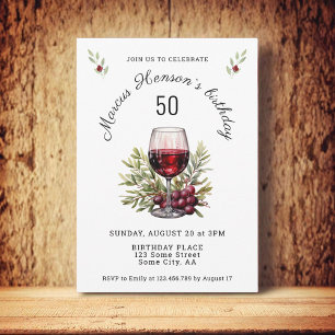 Invitación Copa de Vino Tinto Olivo Acuarela Cumpleaños 50 
