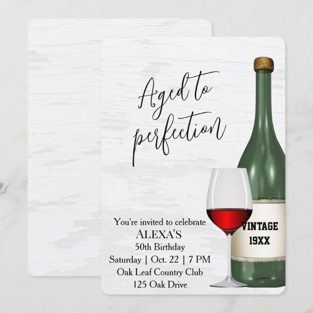 Invitación Copa de vino tinto para cumpleaños número 50 y bot (Anverso / Reverso)