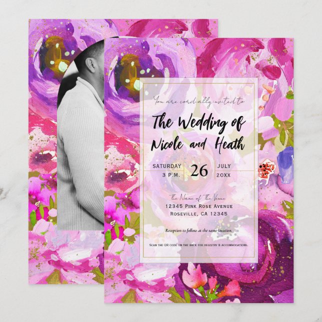 Invitación Copas de Boda Floral Vibrante Rosa y Púrpura (Anverso / Reverso)