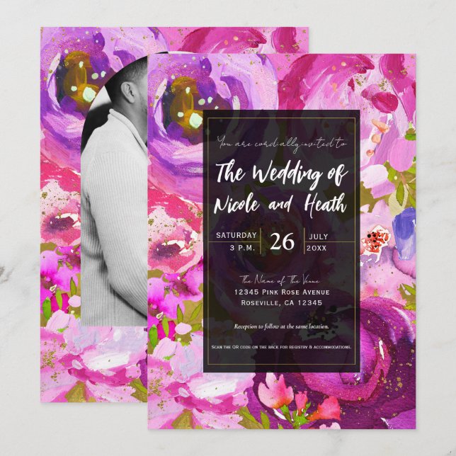 Invitación Copas de Boda Floral Vibrante Rosa y Púrpura (Anverso / Reverso)