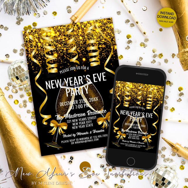 Invitación Copas de Champagne de Oro Elegantes para Nocheviej (Subido por el creador)