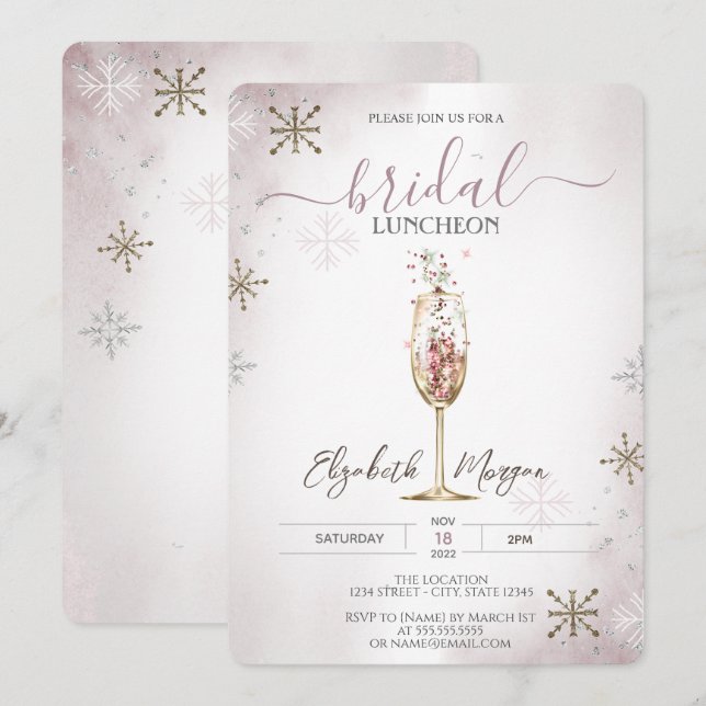 Invitación Copas de Champagne Elegantes con Copos de Nieve pa (Anverso / Reverso)