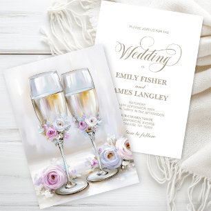 Invitación Copas de Champagne Florales Rosadas Elegantes Boda