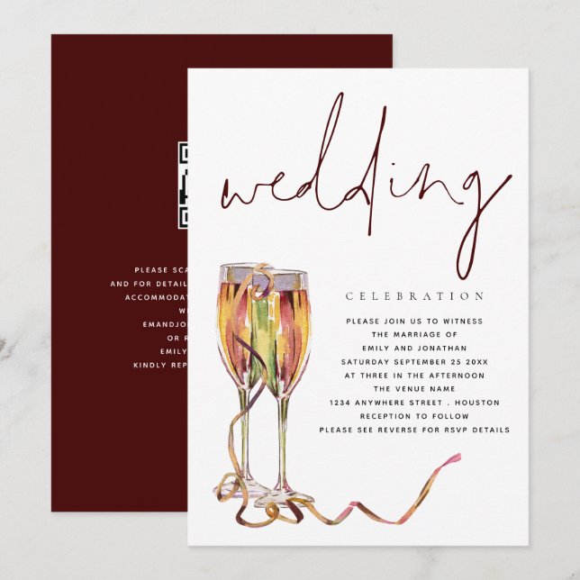 Invitación Copas de champán contemporáneas para bodas (Anverso / Reverso)