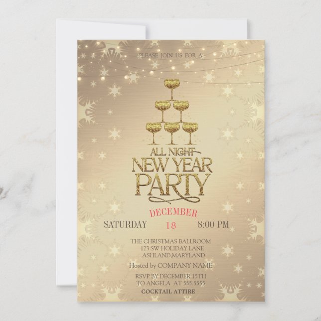 Invitación Copas de champán doradas de Navidad  (Anverso)