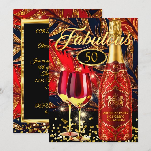 Invitación Copas de champán doradas para fiesta de cumpleaños (Anverso / Reverso)