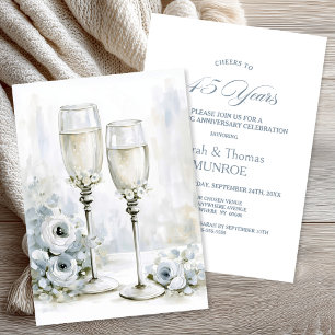 Invitación Copas de champán florales grises 45 aniversario