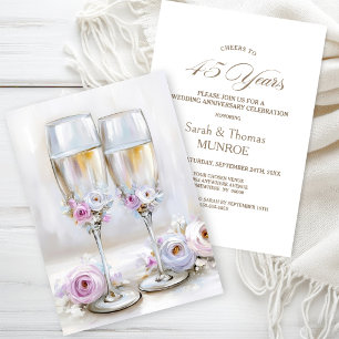 Invitación Copas de champán florales rosadas 45 aniversario