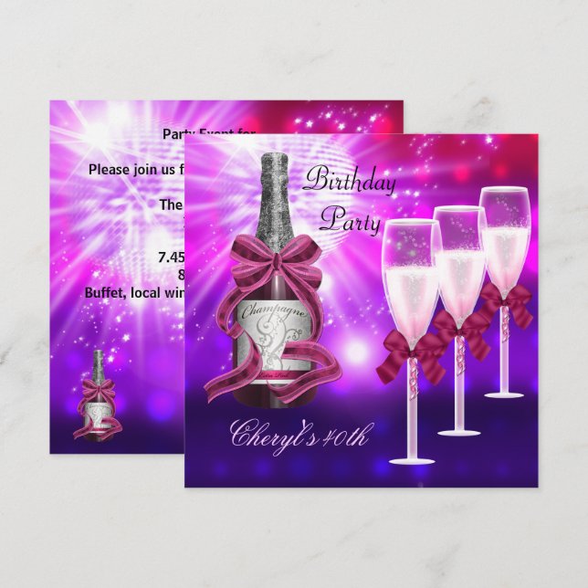 Invitación Copas de champán rosado para 40 cumpleaños (Anverso / Reverso)
