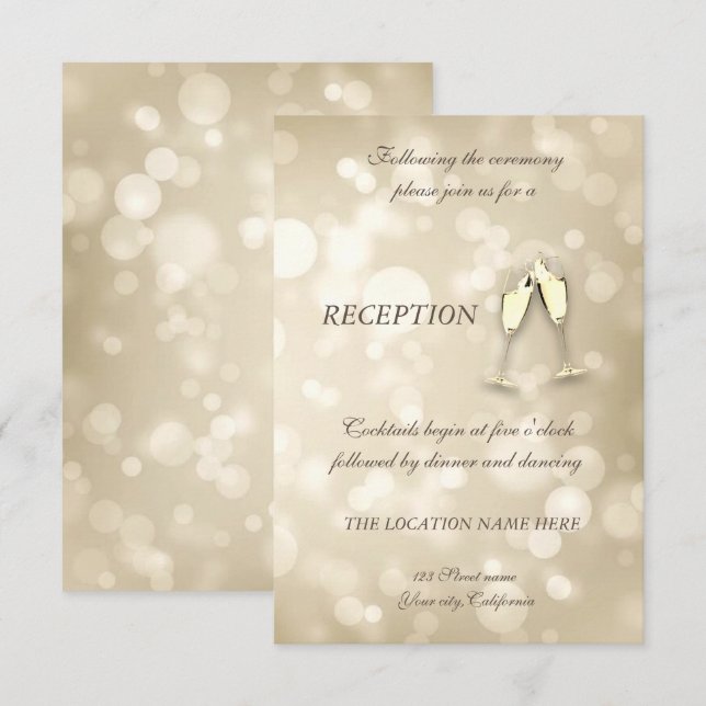 Invitación Copas de vino con Bokeh elegante recepción de boda (Anverso / Reverso)