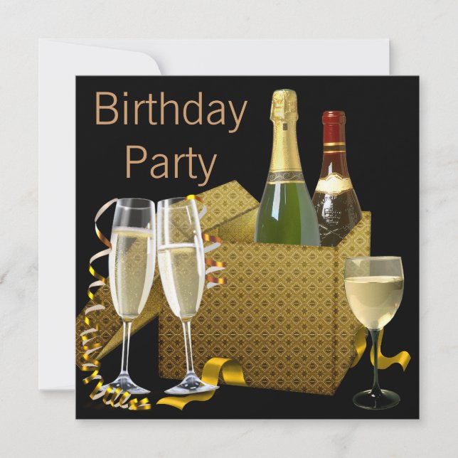 Invitación Copas de vino de champán para cumpleaños en negro  (Anverso)
