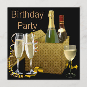 Invitación Copas de vino de champán para cumpleaños en negro 