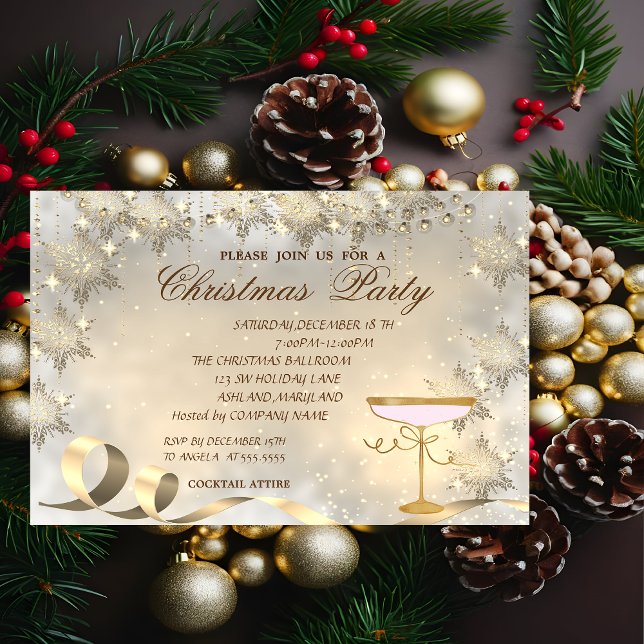 Invitación Copia de copos de nieve dorados, fiesta de Navidad (Subido por el creador)