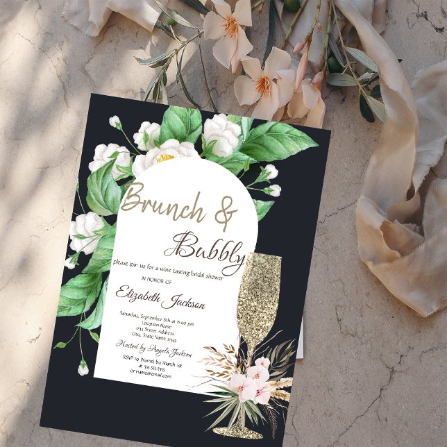 Invitación Copo de champán brillo flores blancas (Subido por el creador)