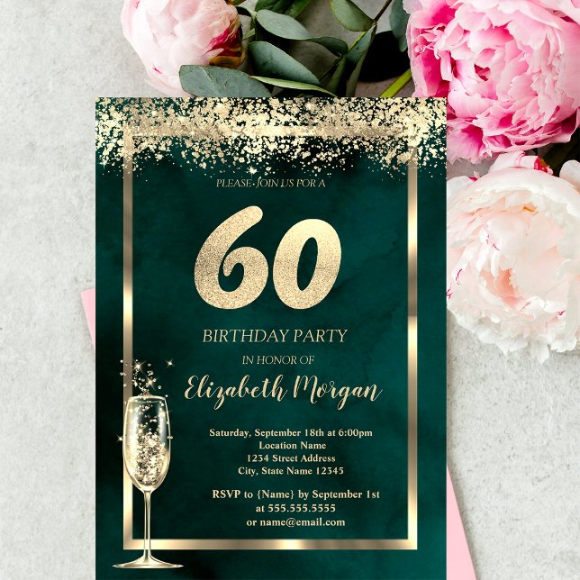 Invitación Copo de champán Confeti dorado Cumpleaños 60 verde (Subido por el creador)