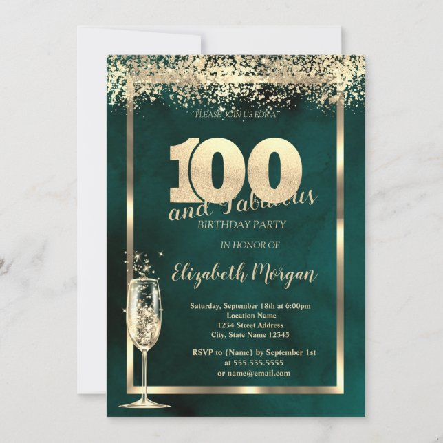 Invitación Copo de champán Confeti dorado Verde Cumpleaños 10 (Anverso)