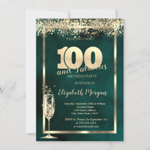 Invitación Copo de champán Confeti dorado Verde Cumpleaños 10