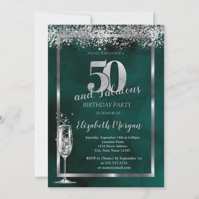 Invitación Copo de Champán Confeti Plateado Verde 50 Cumpleañ (Anverso)