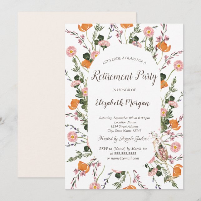 Invitación Copo de Champán de Pradera Chic con Acuarela Jubil (Anverso / Reverso)